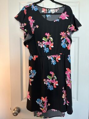 A new day Black Floral Ruffle Sleeve Dress with Pink & Blue Blooms